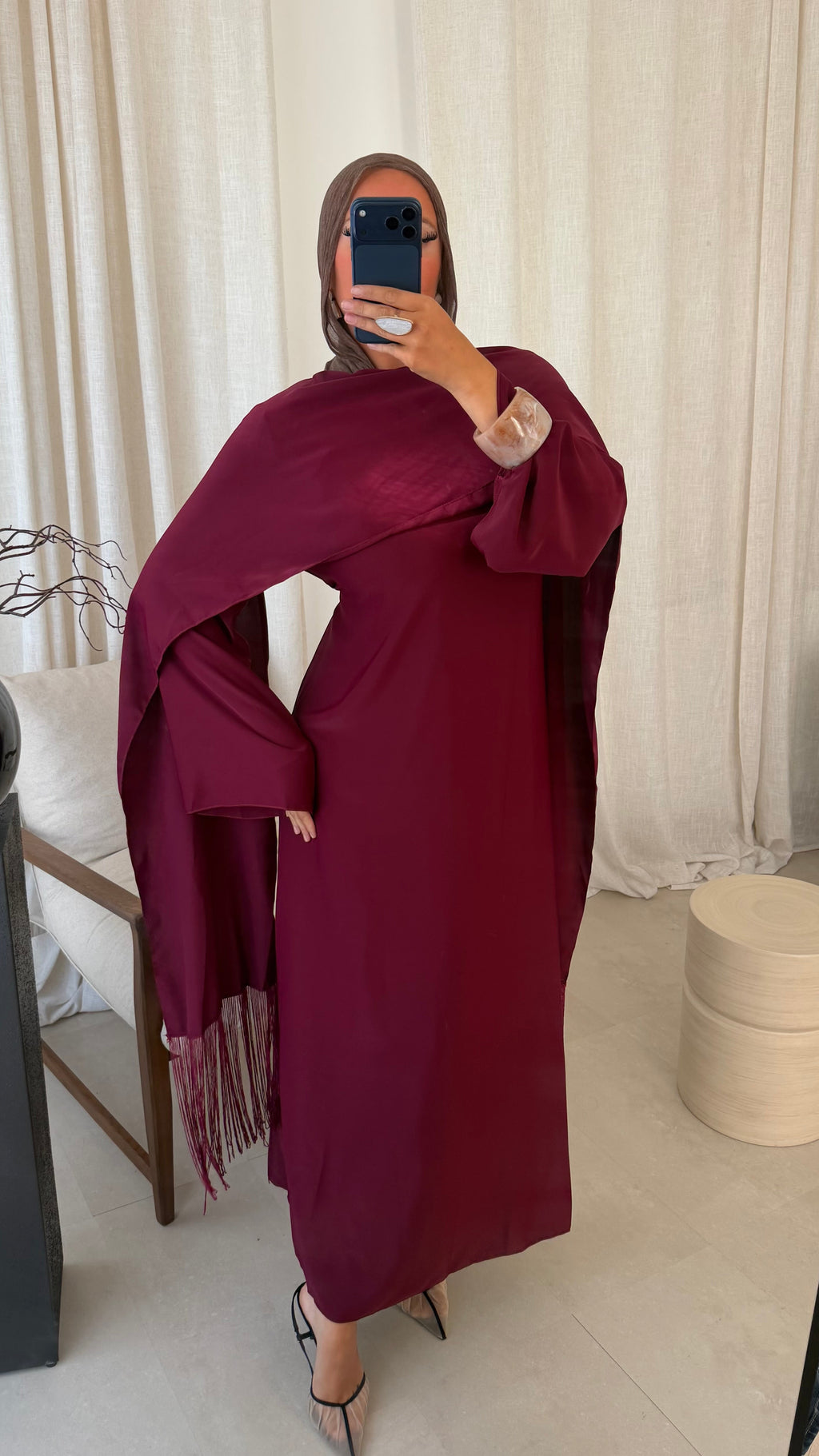 Robe ultra longue avec cape intégrée à franges | Bordeaux