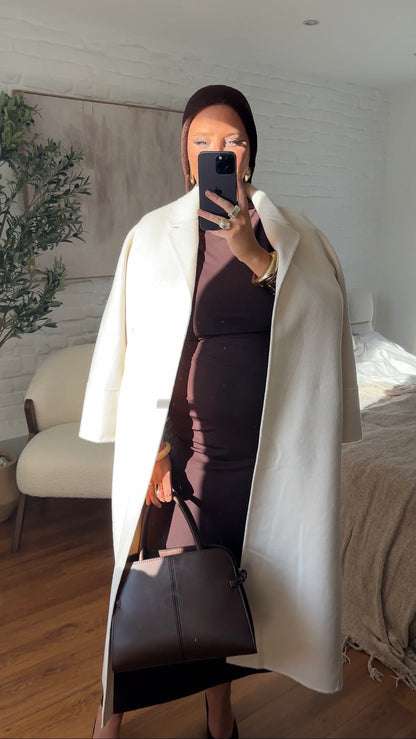 [GAMME PREMIUM] Manteau long en laine véritable fait main à ceinture | Écru