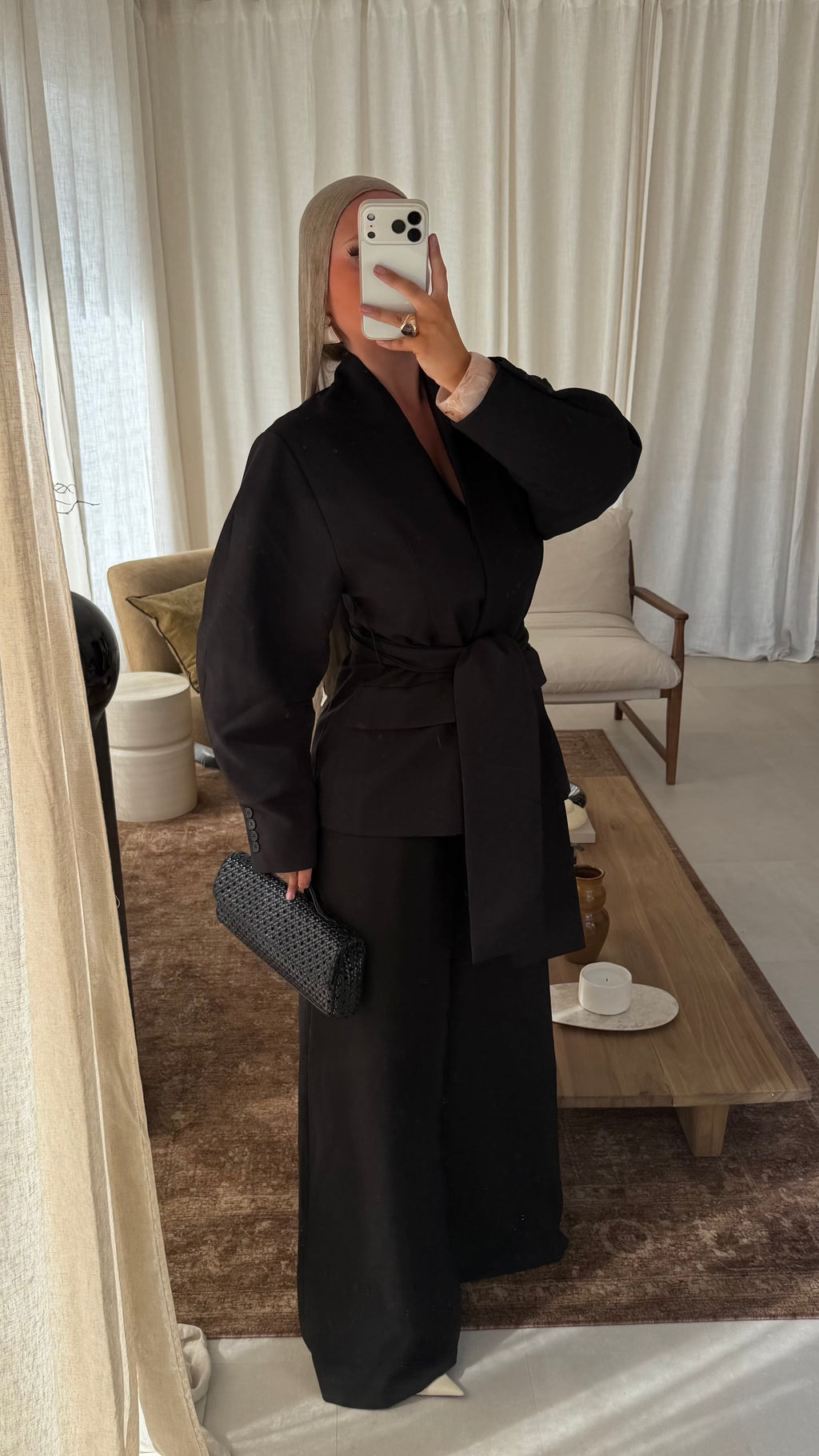 [GAMME LUXE] Blazer épais cintré et long à ceinture | Noir