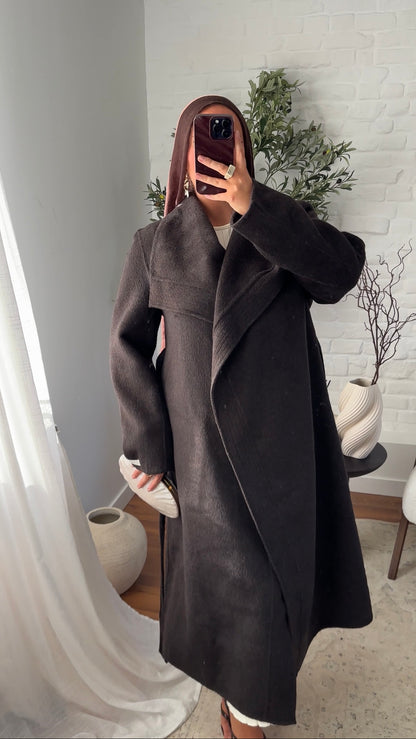 [GAMME PREMIUM] Manteau long en laine véritable fait main à ceinture | Marron