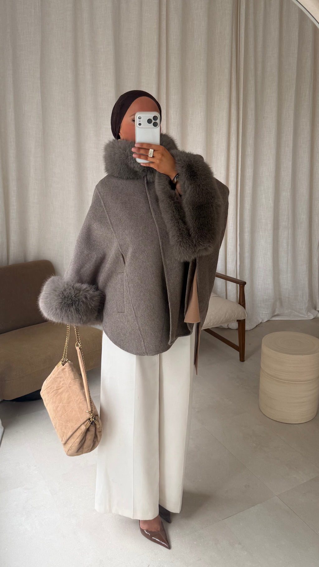 [GAMME LUXE] Manteau en laine à fourrure amovible cousu main | Taupe