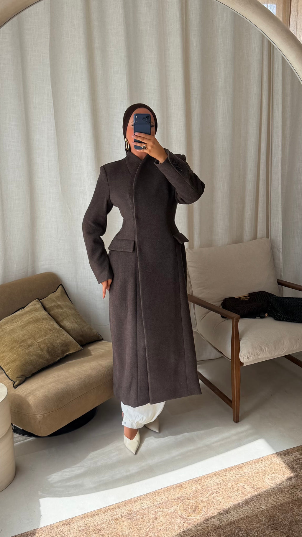 [GAMME LUXE] Manteau ultra long cintré en laine véritable | Marron foncé
