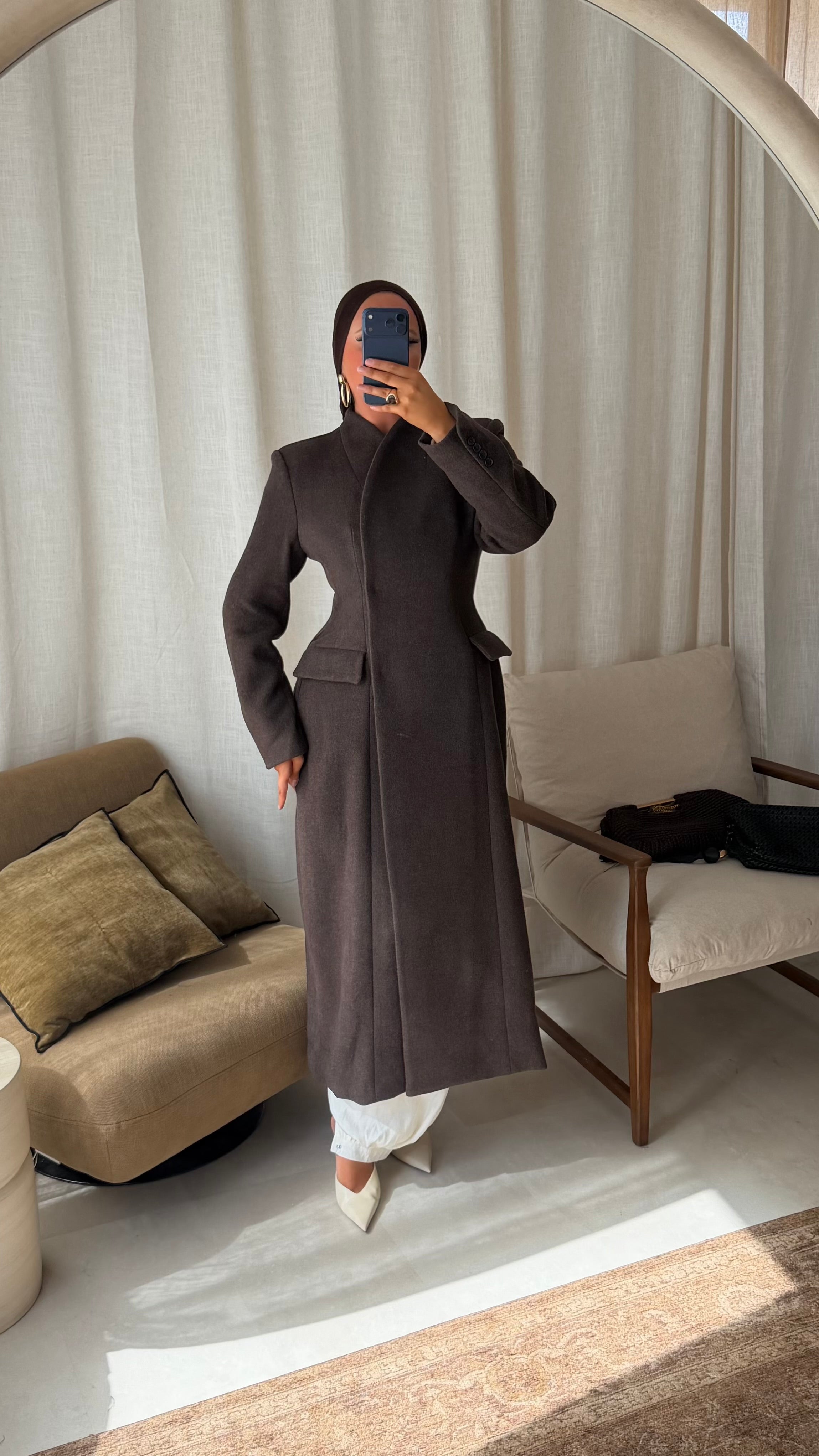 [GAMME LUXE] Manteau ultra long cintré en laine véritable | Marron foncé
