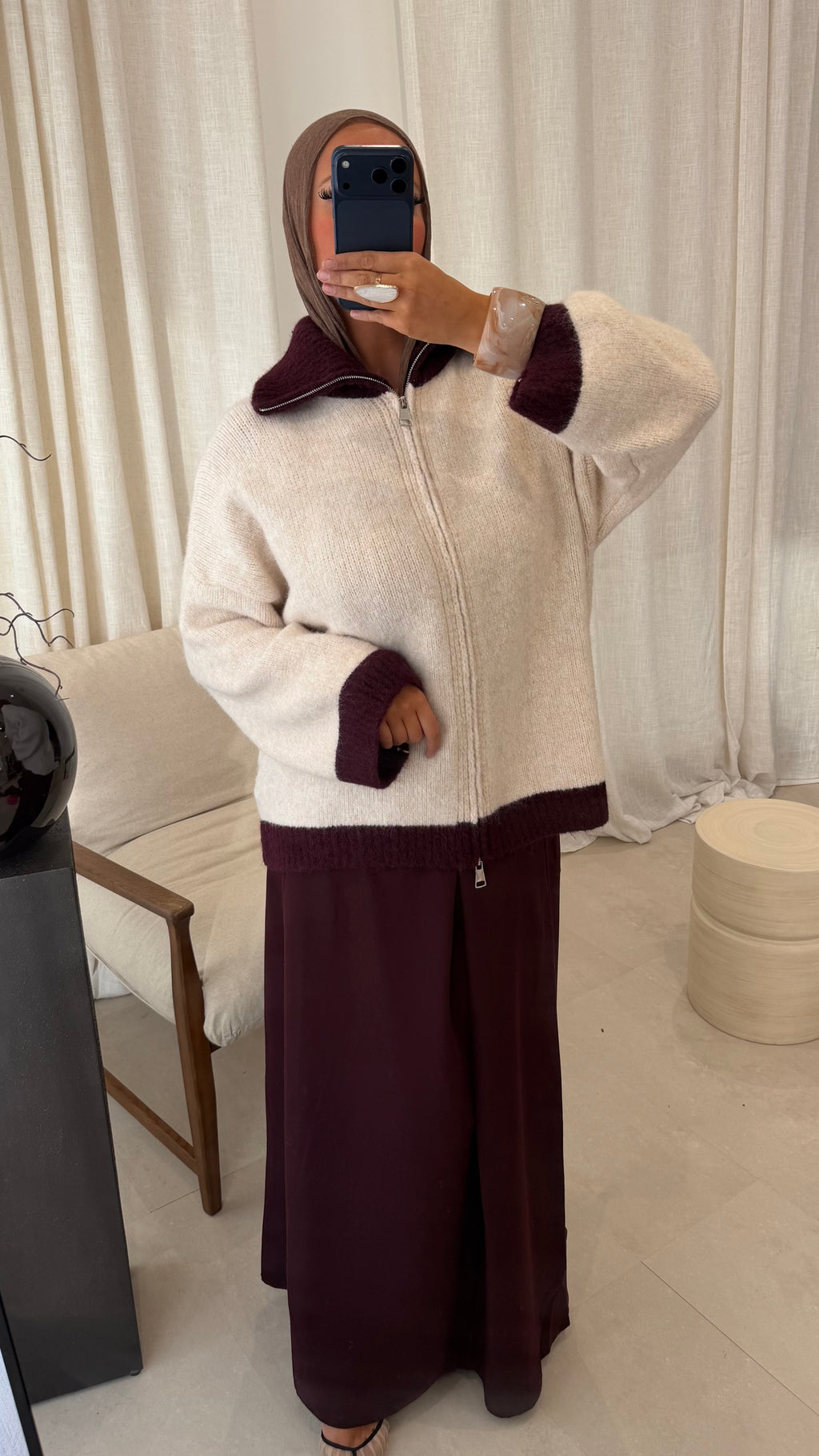 Pull à col ultra doux à zip bicolore MATHILDE | Beige et bordeaux