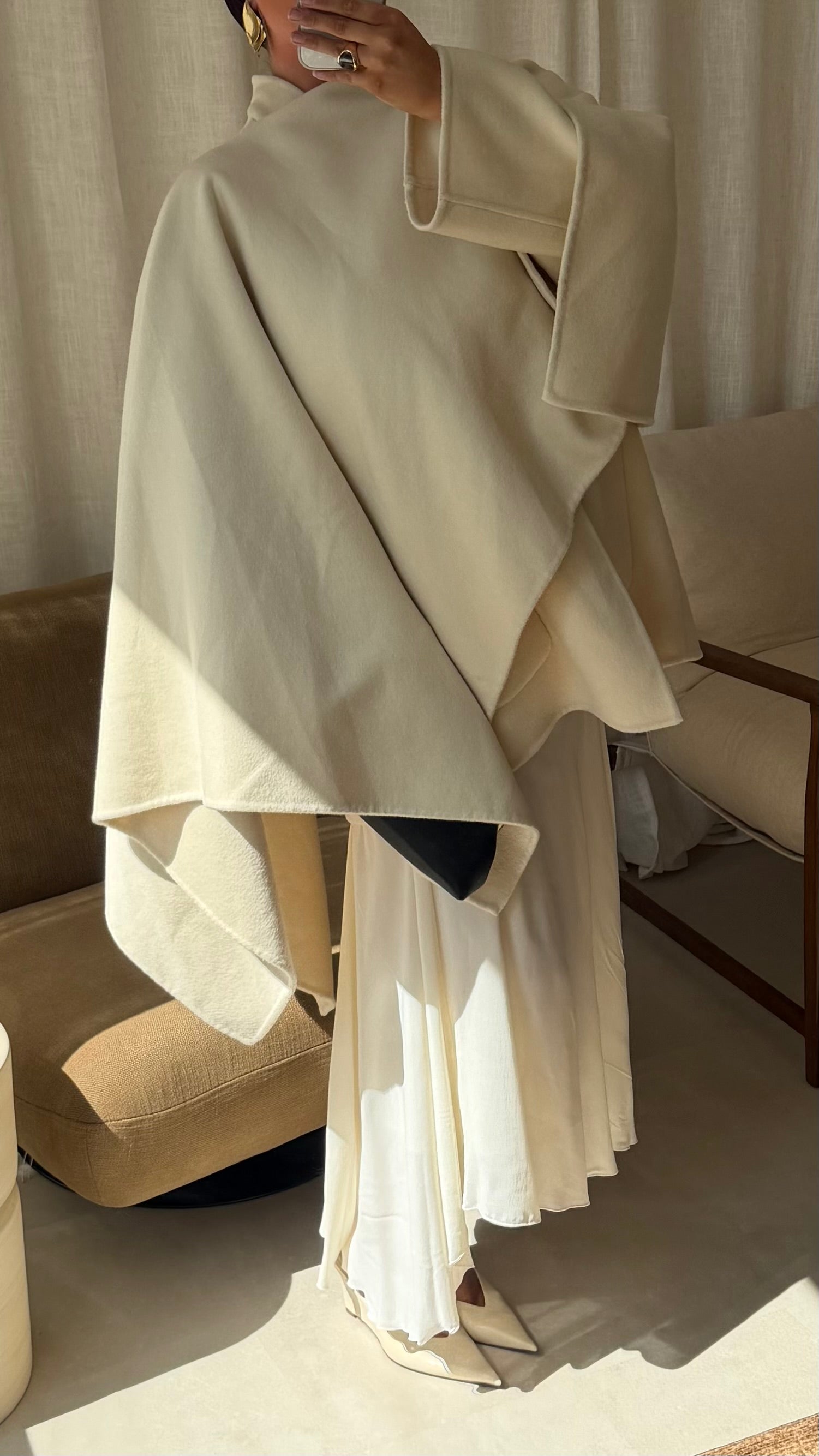 [GAMME LUXE] Manteau à cape intégrée en laine véritable | Crème