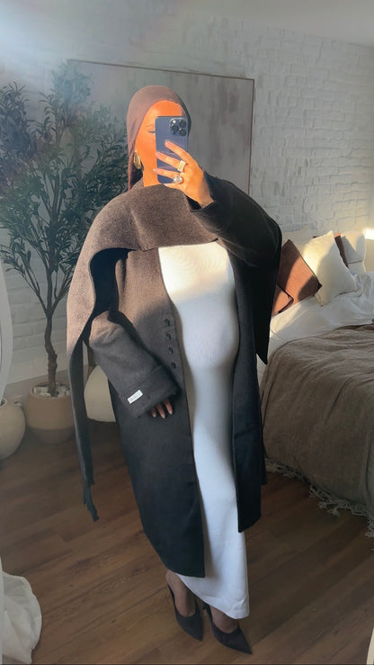 [GAMME LUXE] Manteau long en laine véritable ultra chaud à cape | Marron
