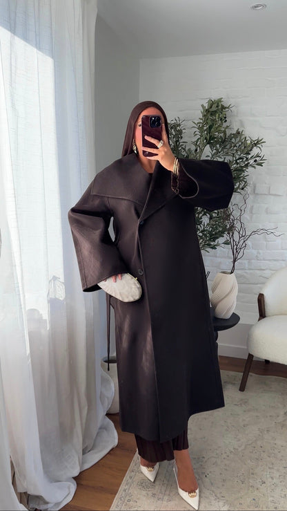 [CRÉATION] Manteau en laine véritable et col montant | Dark chocolat