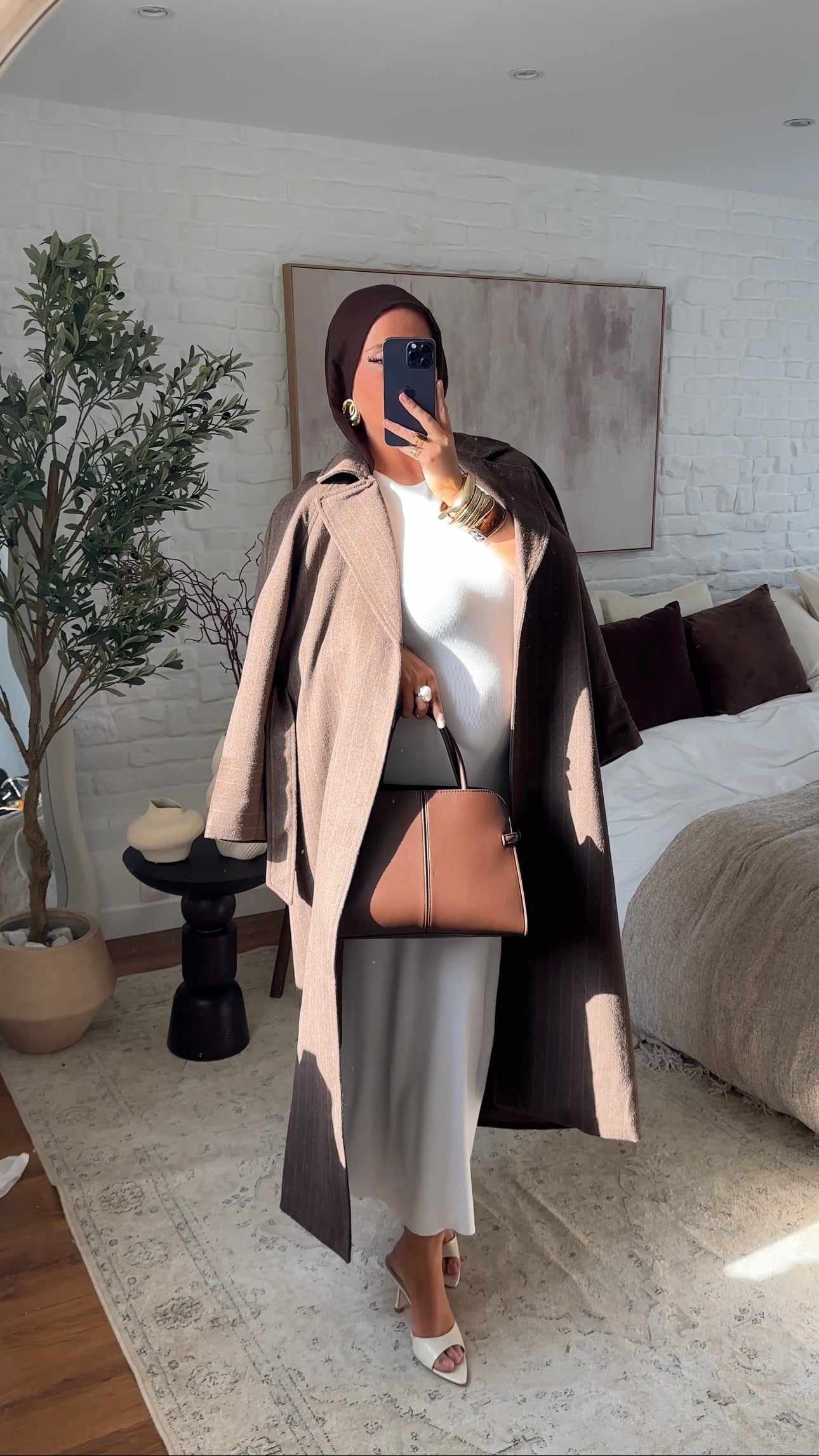 [GAMME PREMIUM] Manteau long en laine véritable fait main à ceinture avec rayures | Marron