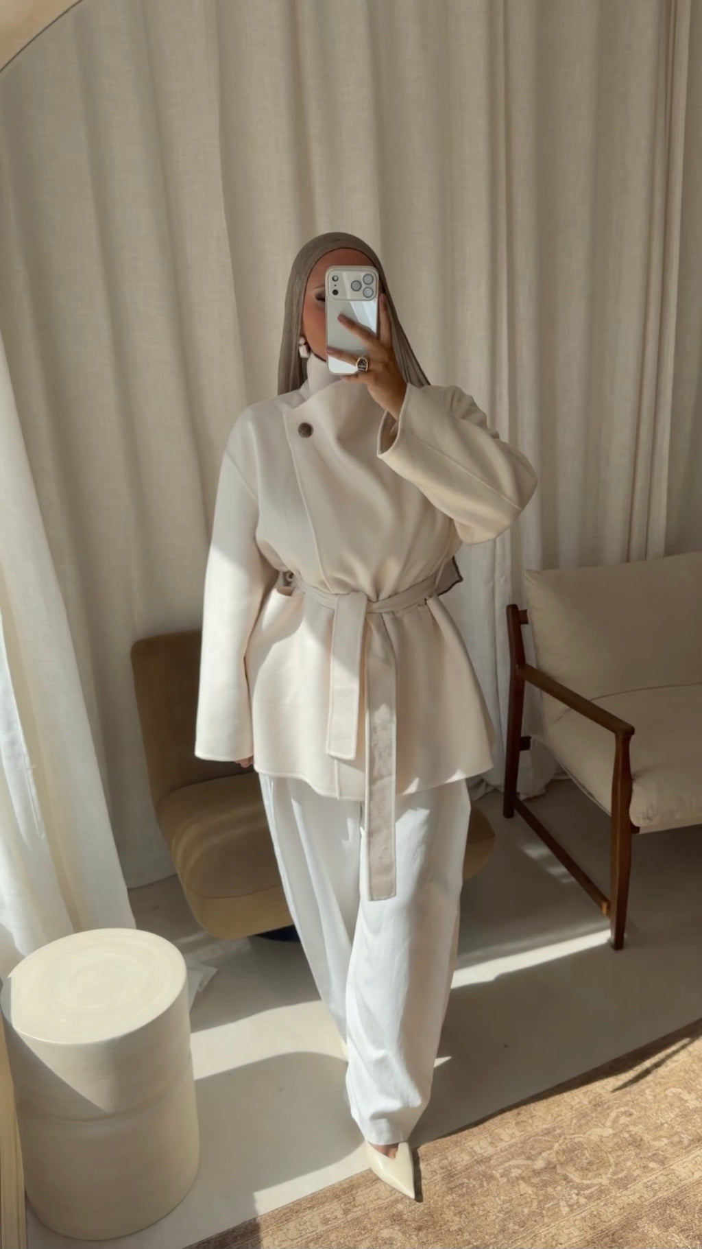 [GAMME LUXE] Manteau mi long en laine véritable à ceinture fait main | Écru