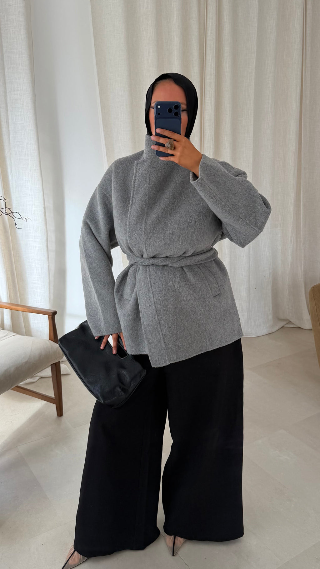 [GAMME LUXE] Manteau mi long cousu main en laine véritable | Gris