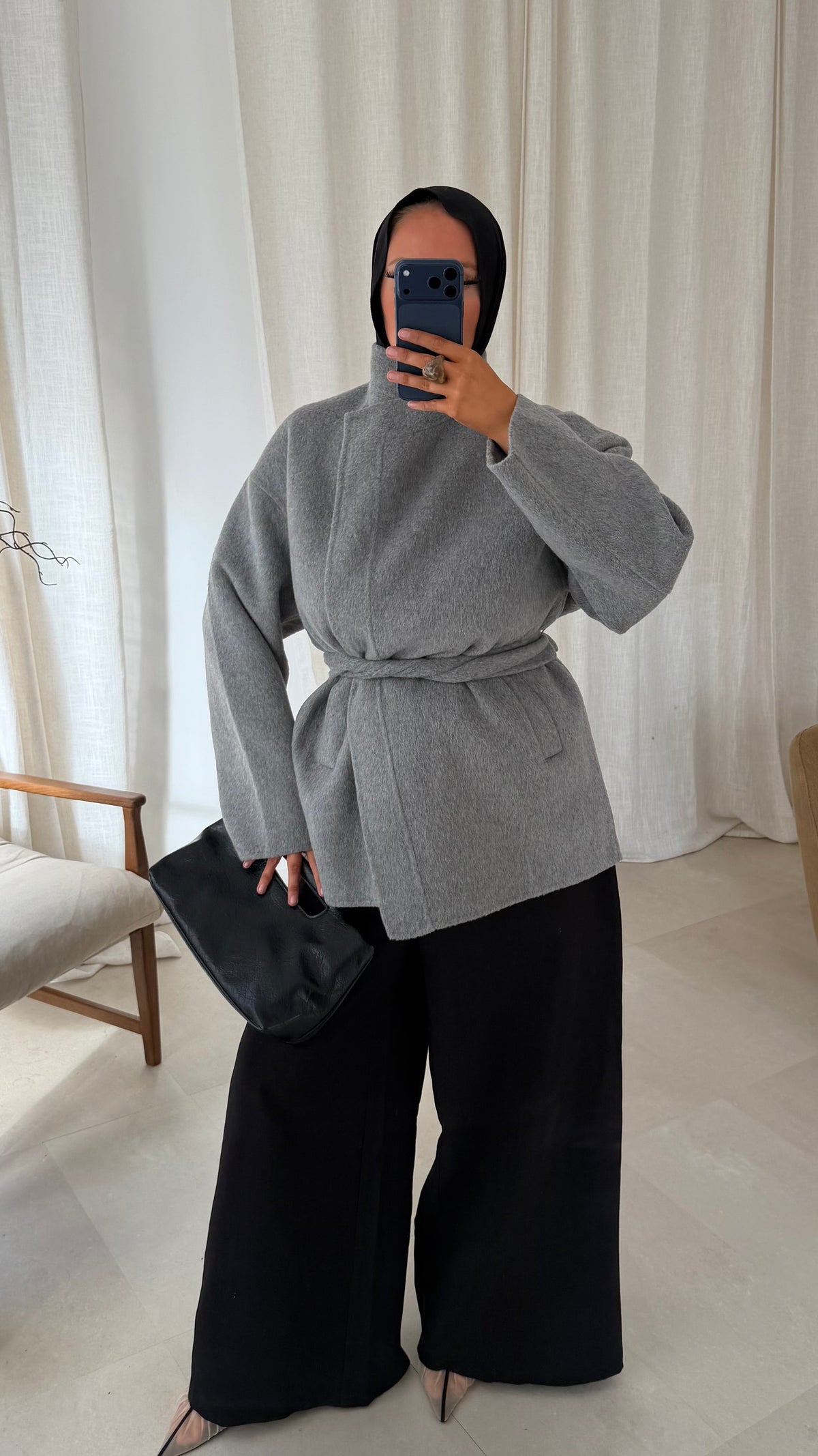 [GAMME LUXE] Manteau mi long cousu main en laine véritable | Gris