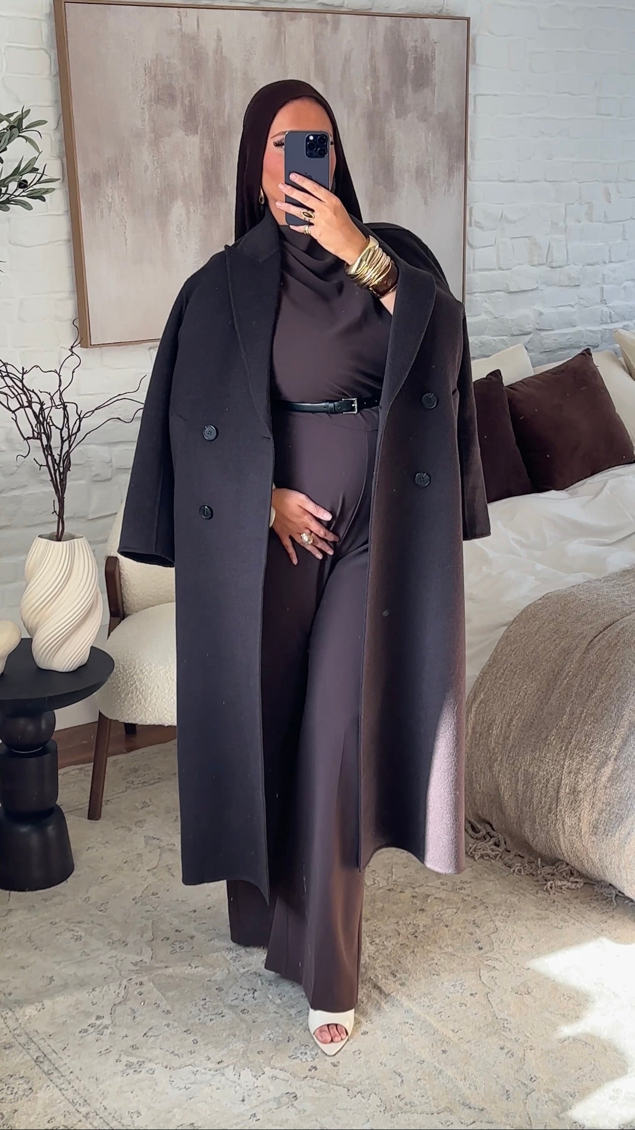 [GAMME PREMIUM] Manteau ultra long en laine véritable | Marron dark chocolat