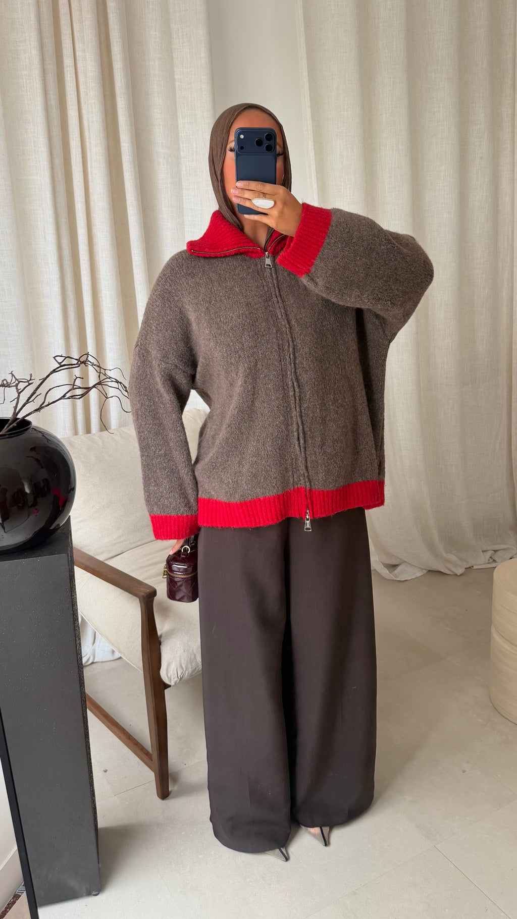 Pull ultra doux à zip bicolore MATHILDE | Camel et rouge