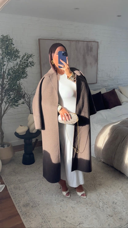 [GAMME LUXE] Manteau long en laine véritable fait main à ceinture | Marron
