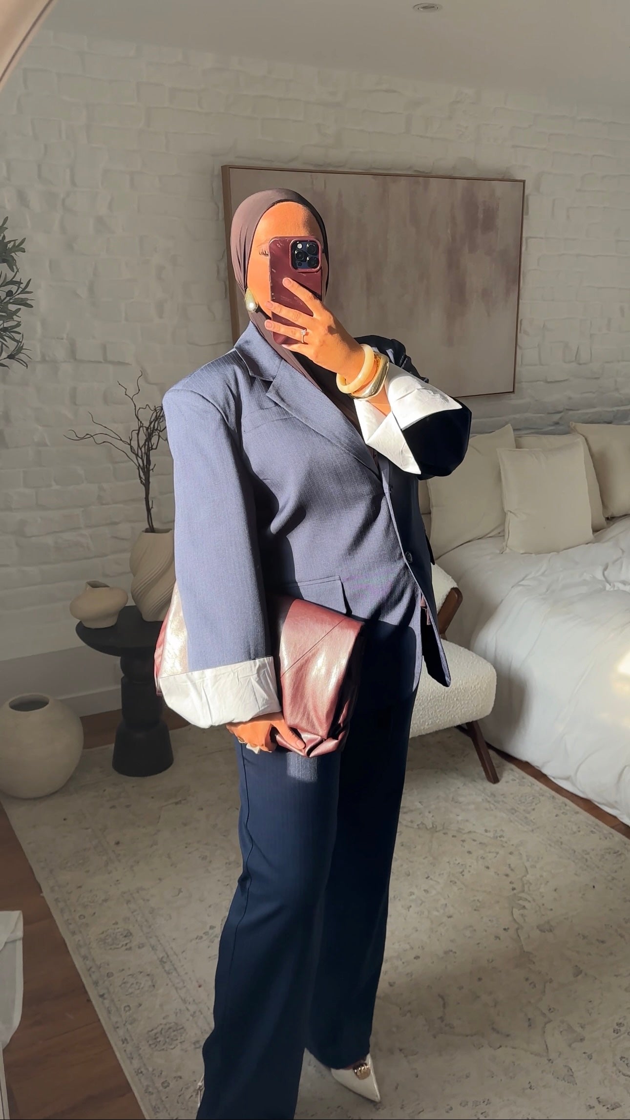 Set blazer oversize rayé et pantalon ultra long rayé oversize droit | Bleu marine
