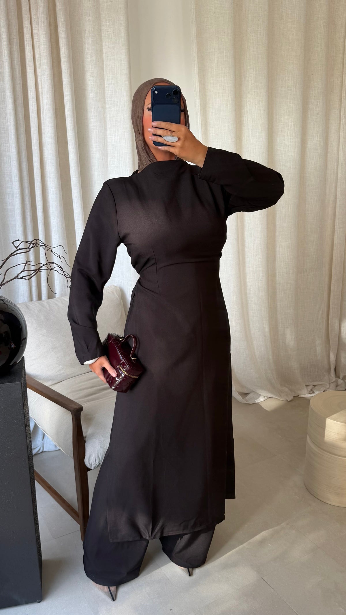 Ensemble deux pièces haut ultra long et pantalon ALBA | Marron
