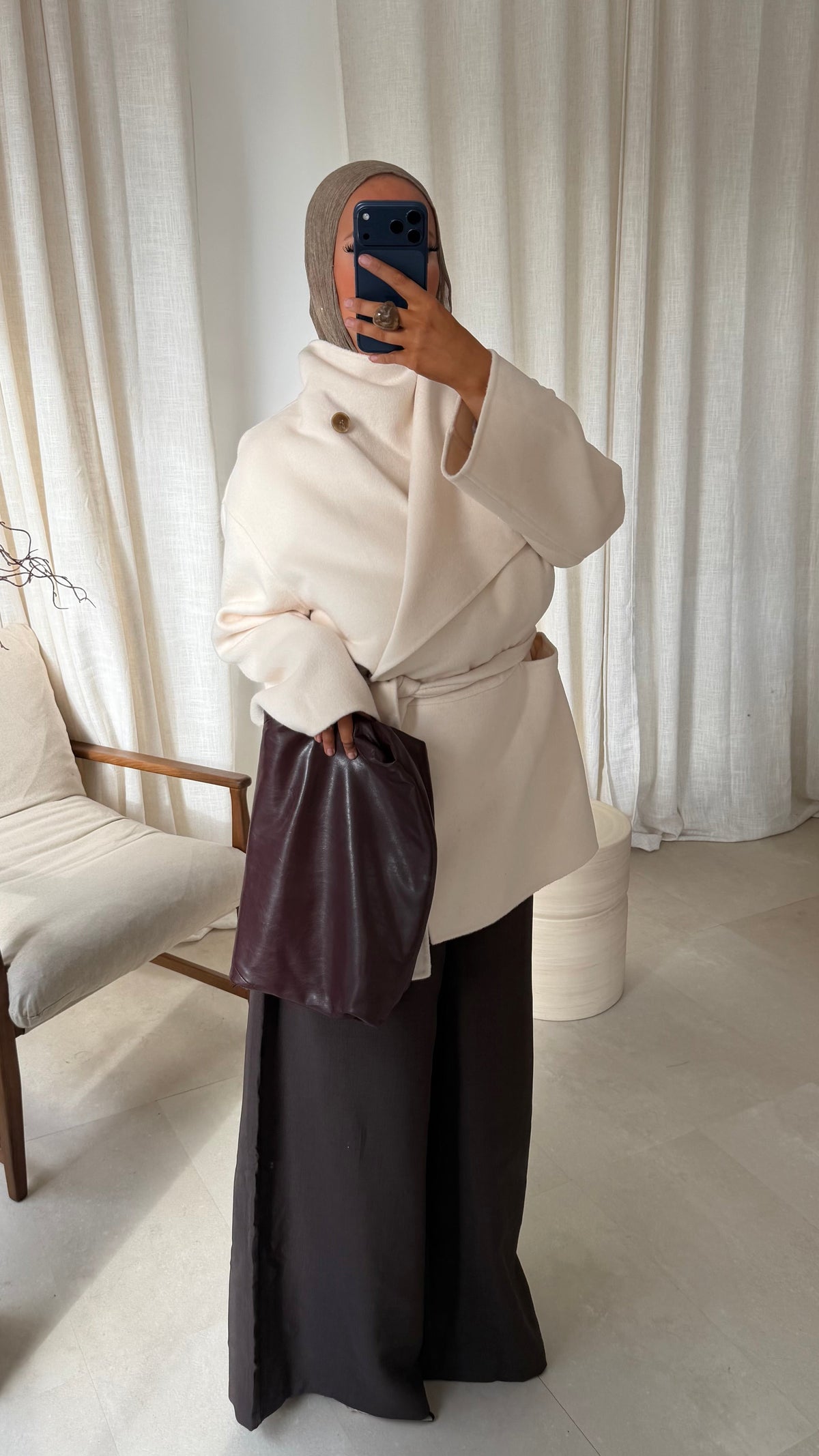 [GAMME LUXE] Manteau mi long en laine véritable à ceinture fait main | Écru