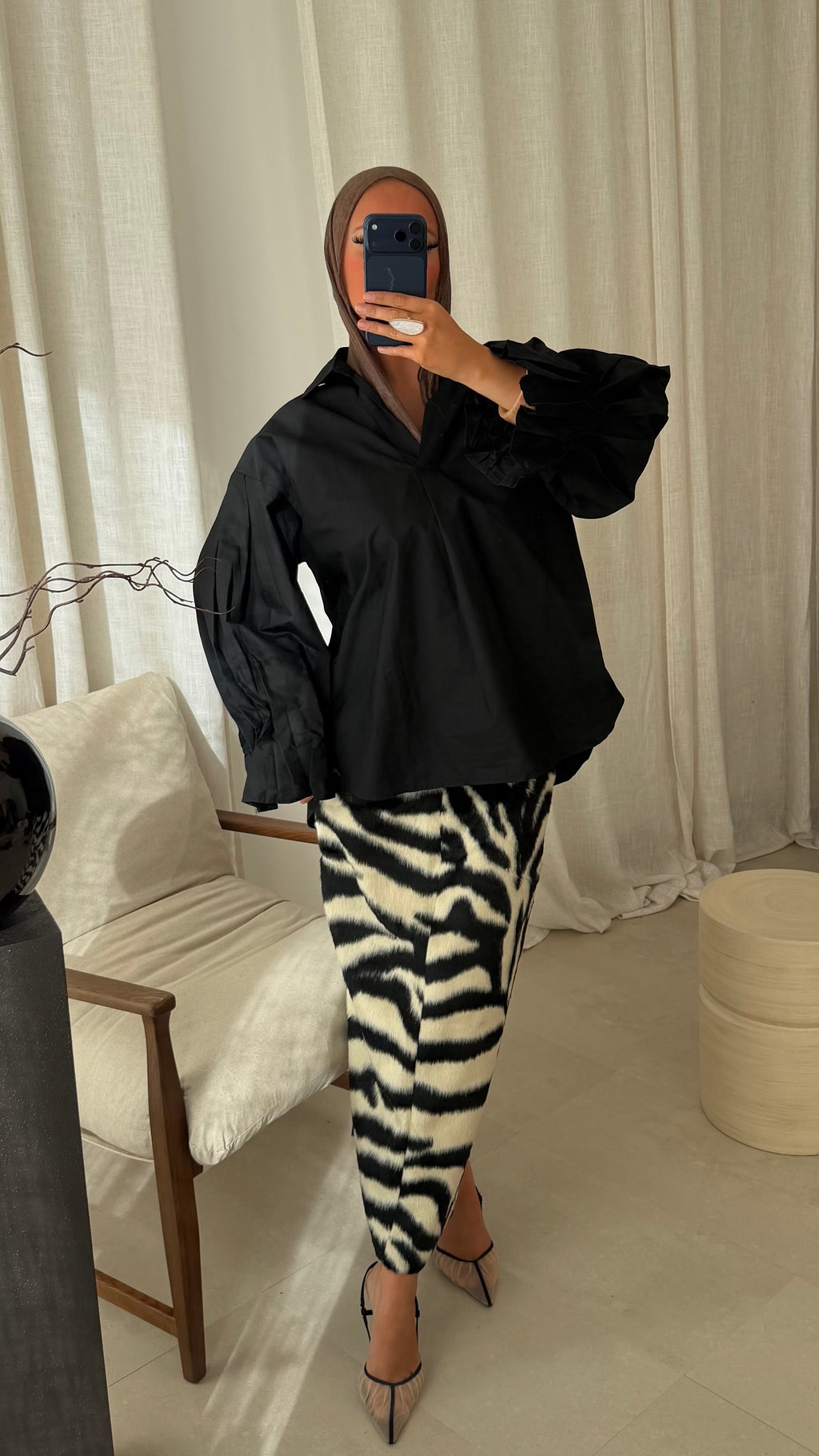 Chemise 100% coton à manches évasées | Noir