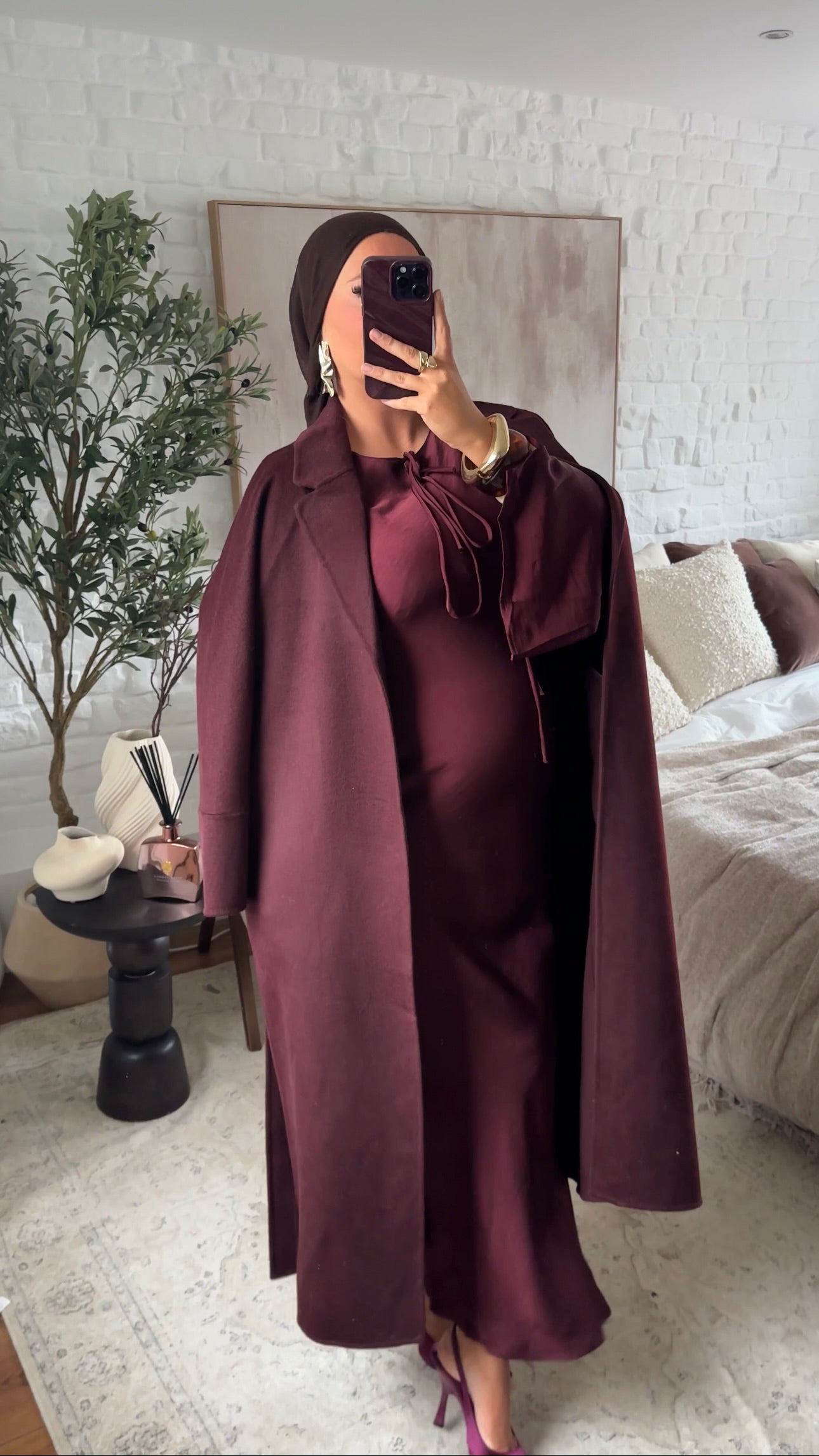 [GAMME PREMIUM] Manteau long en laine véritable fait main à ceinture | Bordeaux