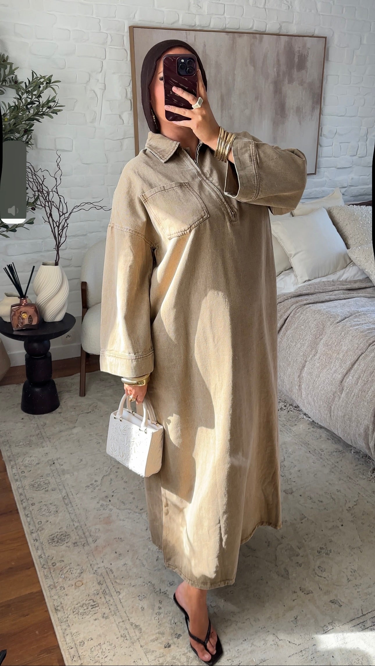 Chemise ultra longue sans fentes en jean à fermeture | Denim taupe