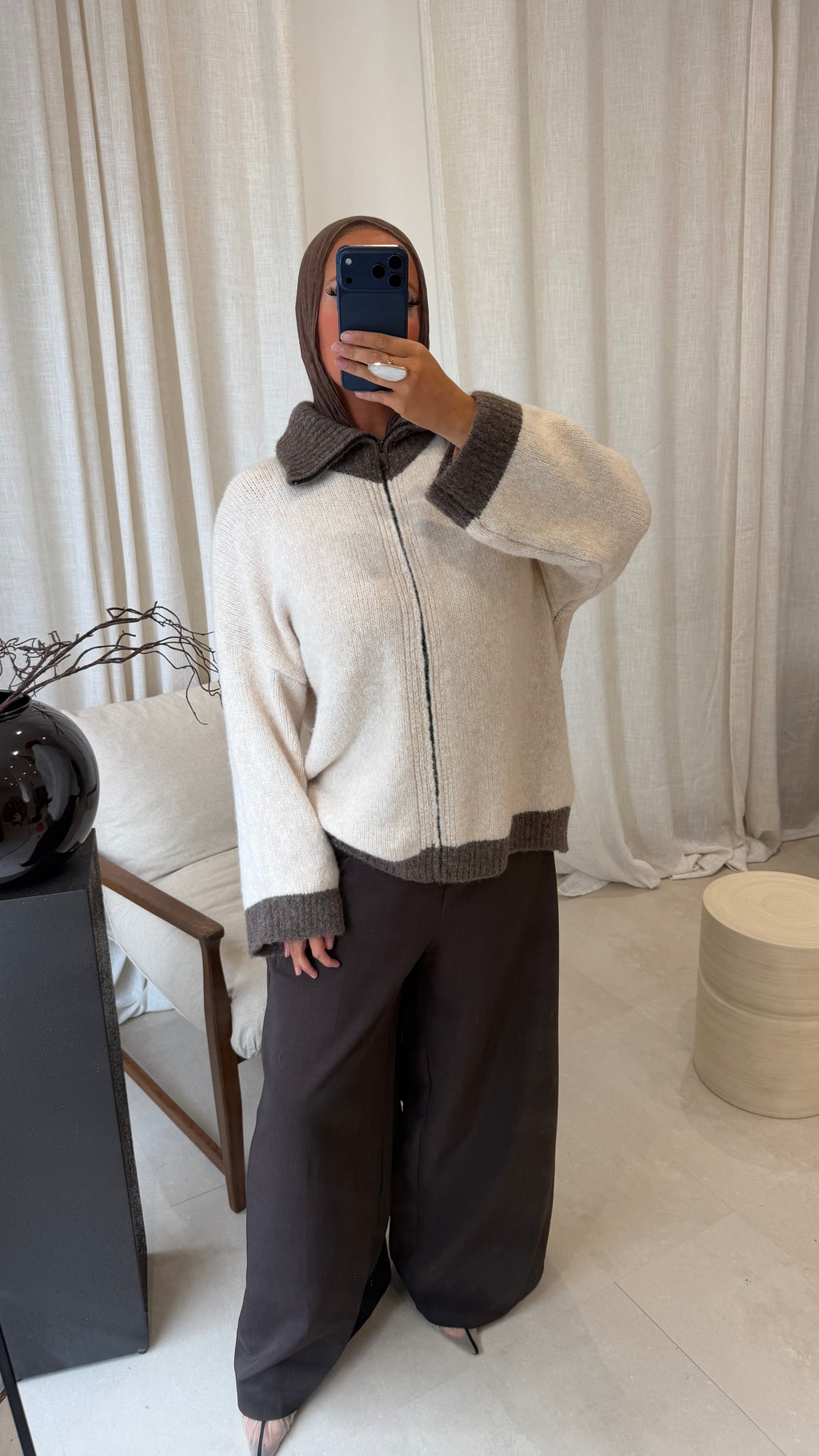 Pull ultra doux à zip bicolore MATHILDE | Marron et crème