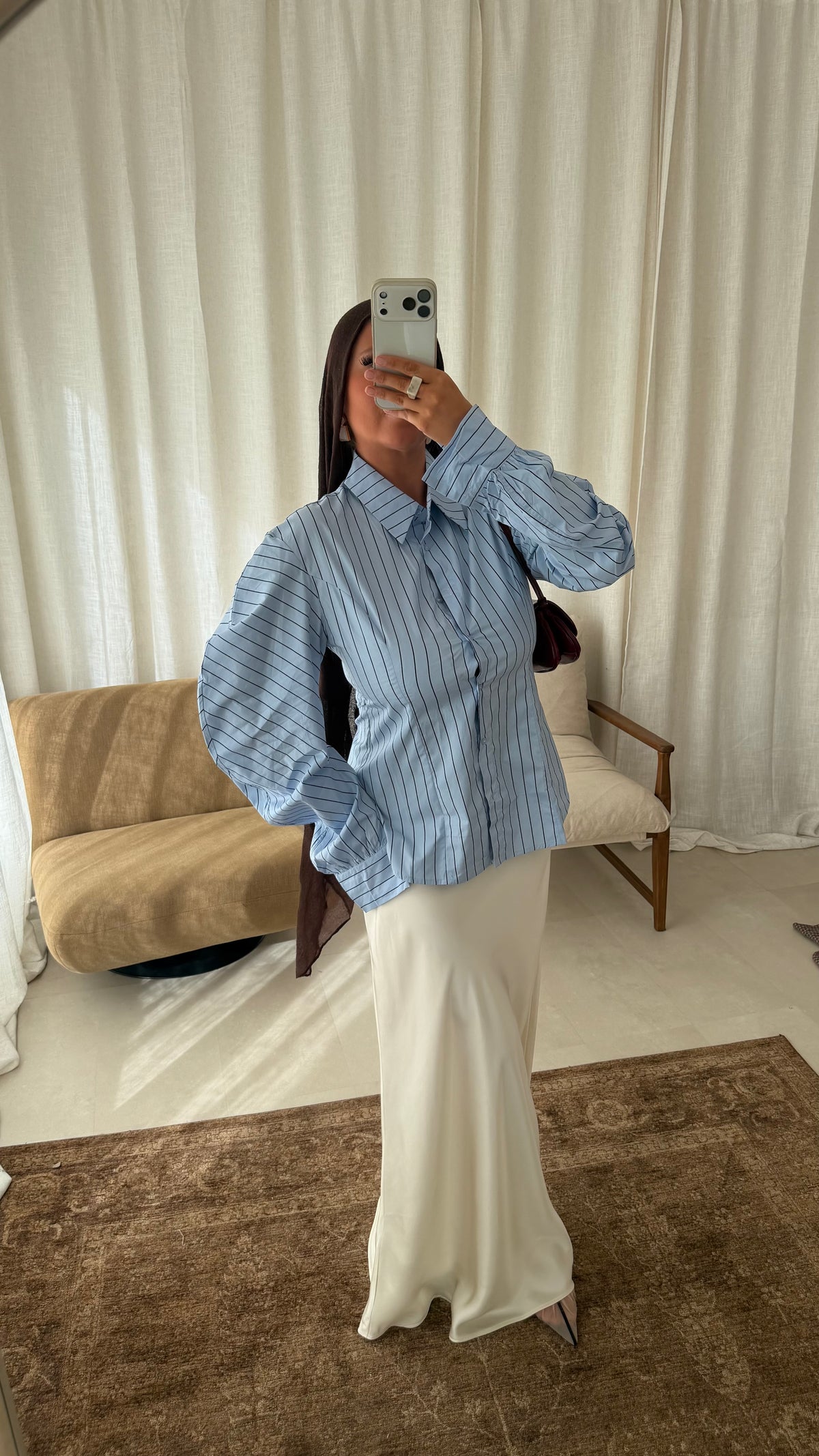 Chemise rayée cintrée avec manches bouffantes | Bleu