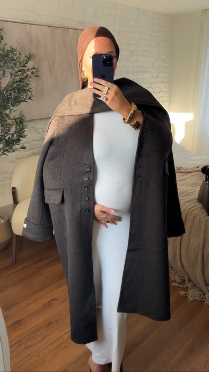 [GAMME LUXE] Manteau long en laine véritable ultra chaud à cape | Marron