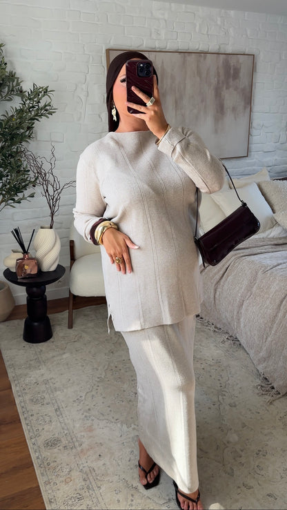 Ensemble comfy en maille à jupe longue | Beige