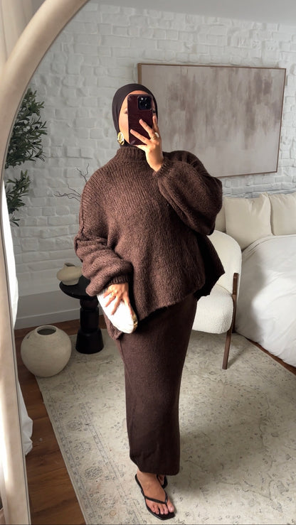 Jupe longue en maille | Marron