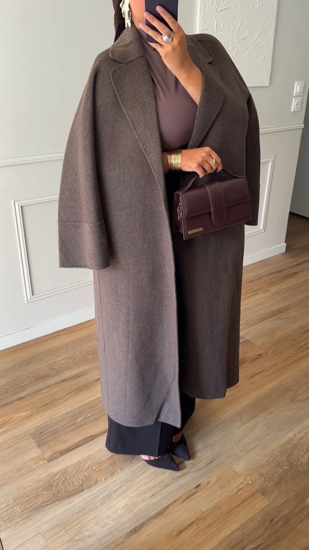 [GAMME LUXE] Manteau long en laine véritable fait main à ceinture | Marron