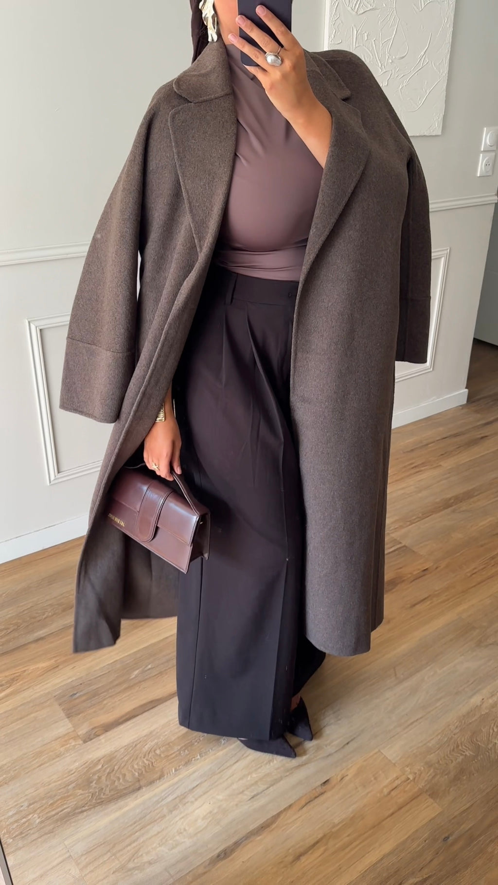 [GAMME LUXE] Manteau long en laine véritable fait main à ceinture | Marron