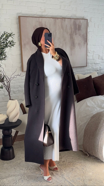 [GAMME PREMIUM] Manteau ultra long en laine véritable | Marron dark chocolat