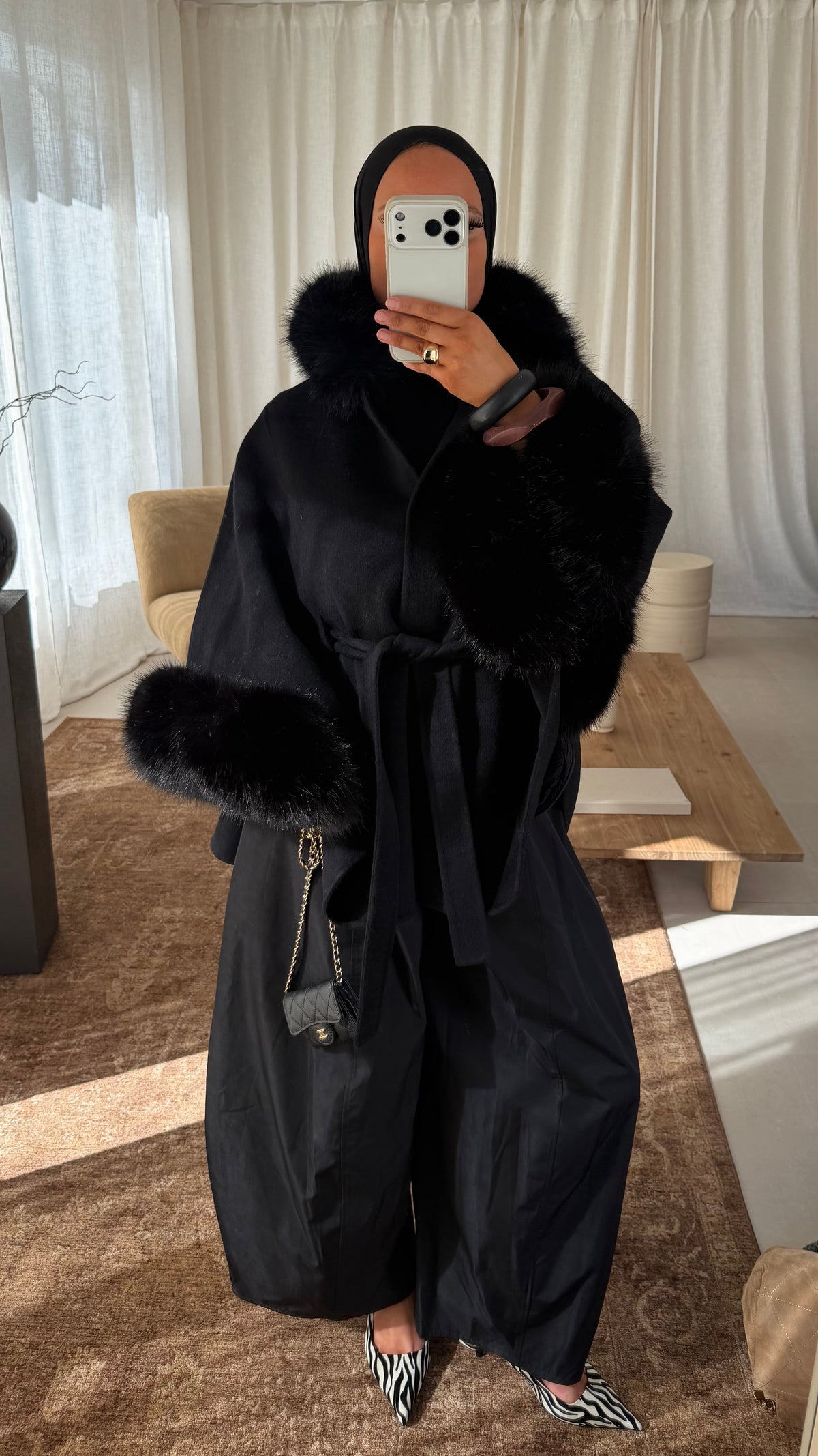 [GAMME LUXE] Manteau en laine à fourrure amovible cousu main | Noir