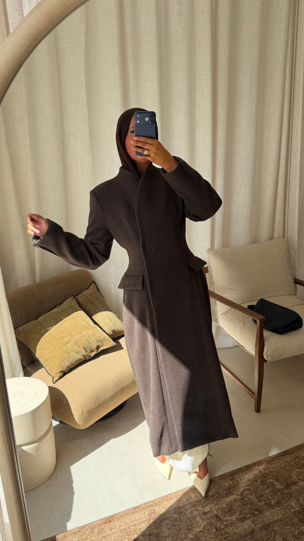 [GAMME LUXE] Manteau ultra long cintré en laine véritable | Marron foncé