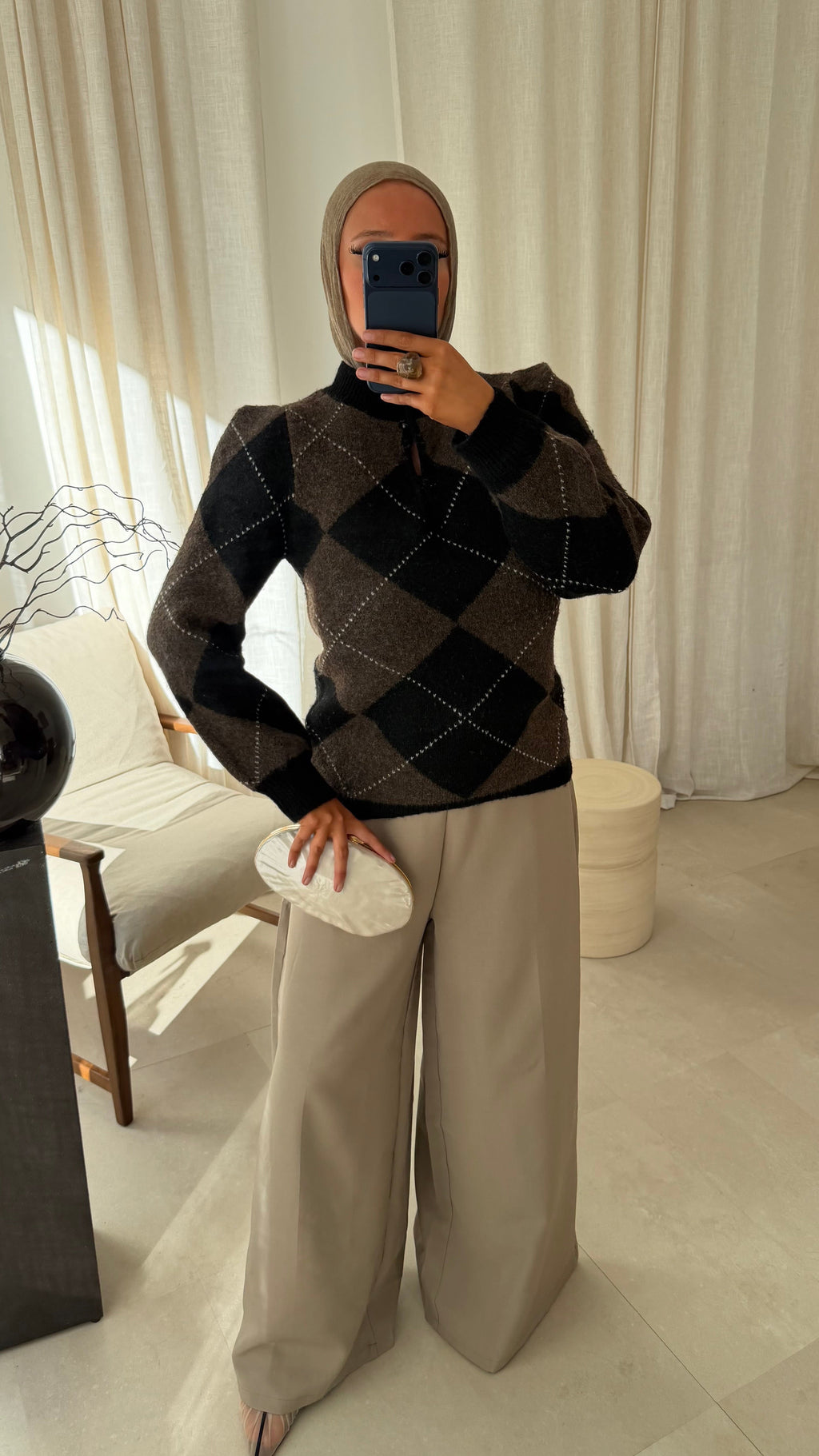 [GAMME PREMIUM] Pull ultra doux à carreaux ALYMPE | Marron et noir