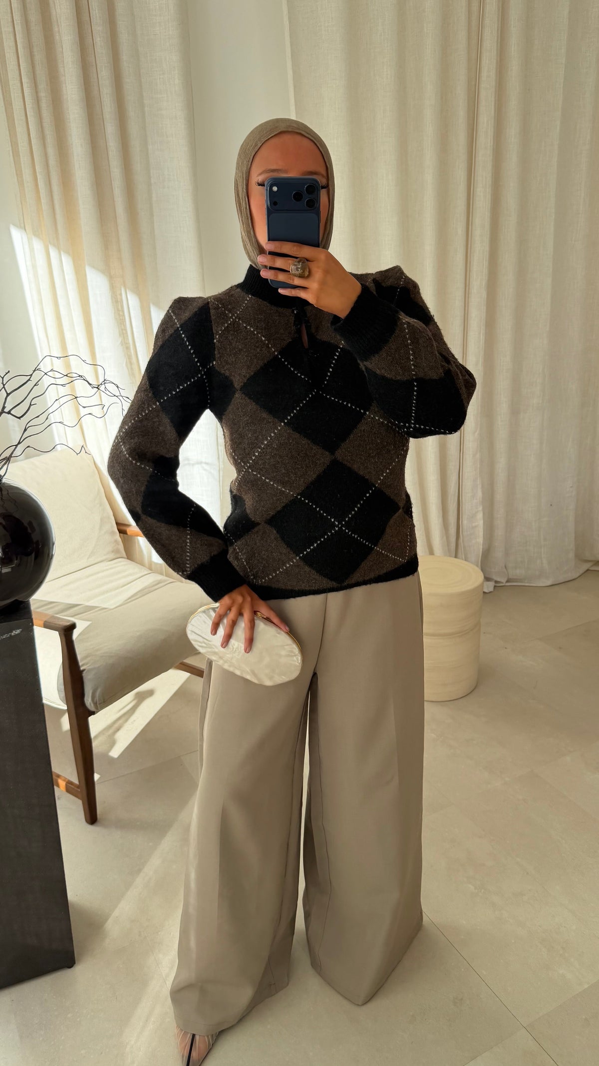 [GAMME PREMIUM] Pull ultra doux à carreaux ALYMPE | Marron et noir