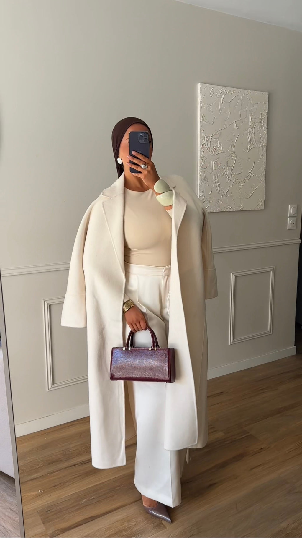 [GAMME PREMIUM] Manteau long en laine véritable fait main à ceinture | Écru