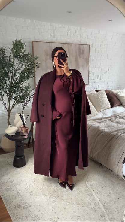 [GAMME LUXE] Manteau ultra long en laine véritable fait main | Bordeaux