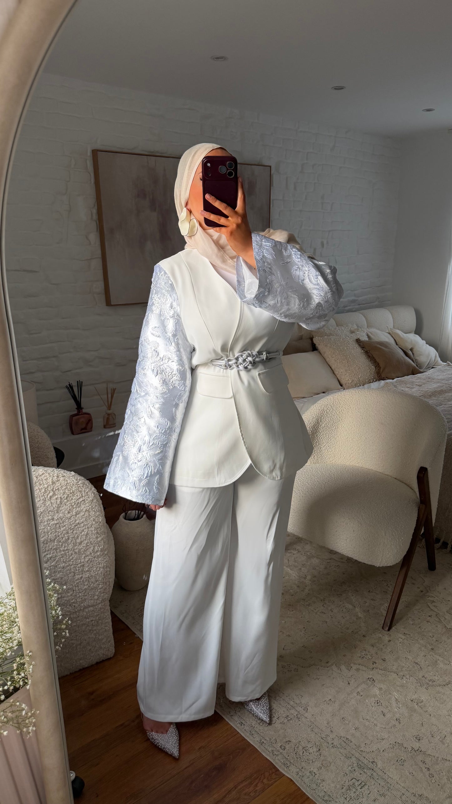 [GAMME PREMIUM] Ensemble tailleur à manches brocard | Blanc