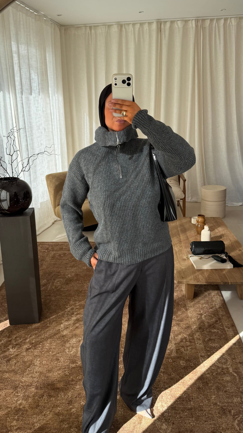Pull mi long à col montant et fermeture NELLA | Gris foncé