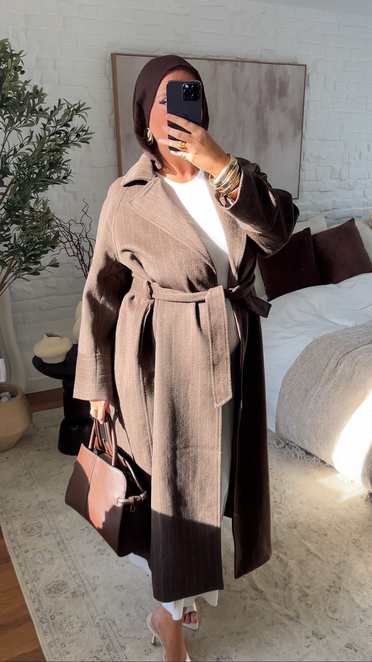 [GAMME PREMIUM] Manteau long en laine véritable fait main à ceinture avec rayures | Marron