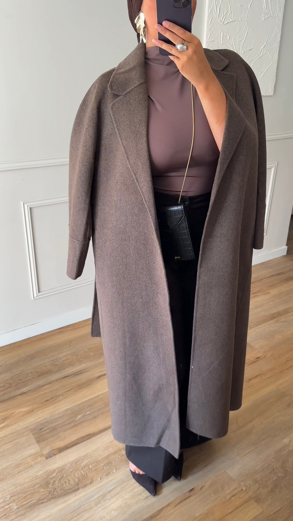 [GAMME LUXE] Manteau long en laine véritable fait main à ceinture | Marron