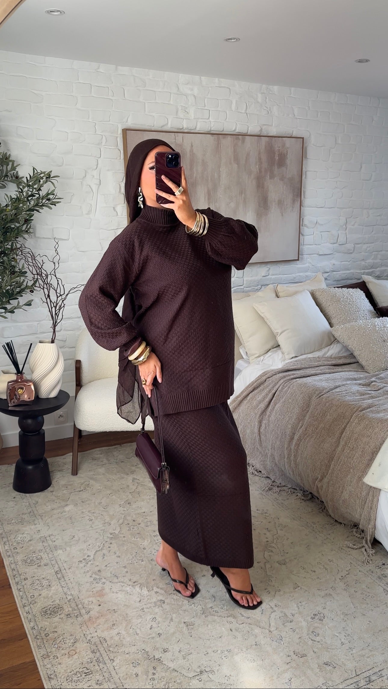 Ensemble comfy en maille à jupe longue et col montant | Marron