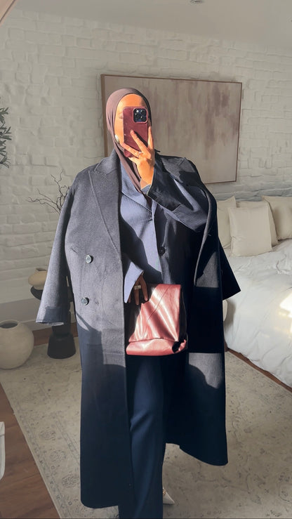 Set blazer oversize rayé et pantalon ultra long rayé oversize droit | Bleu marine