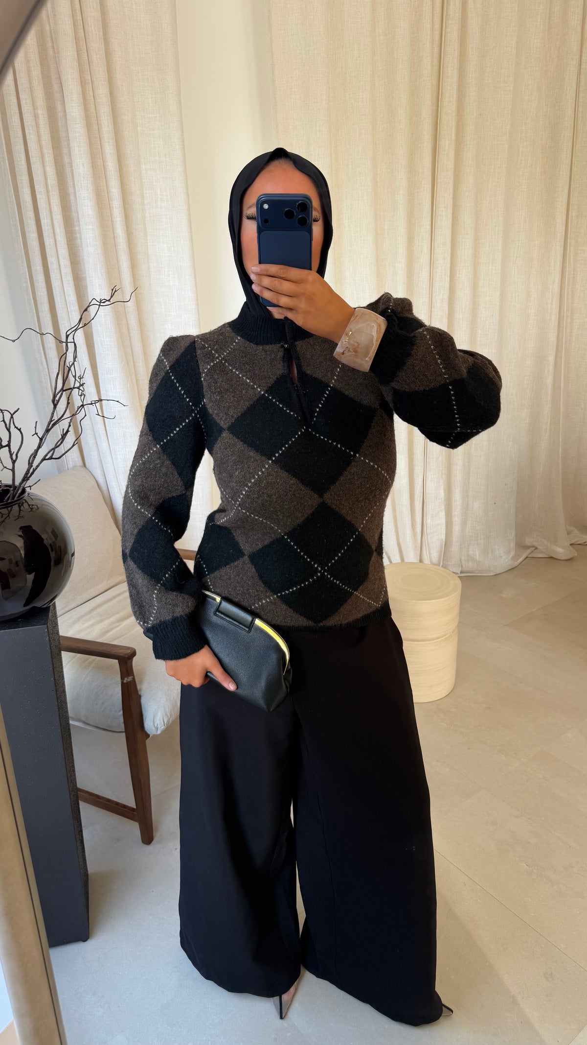 [GAMME PREMIUM] Pull ultra doux à carreaux ALYMPE | Marron et noir