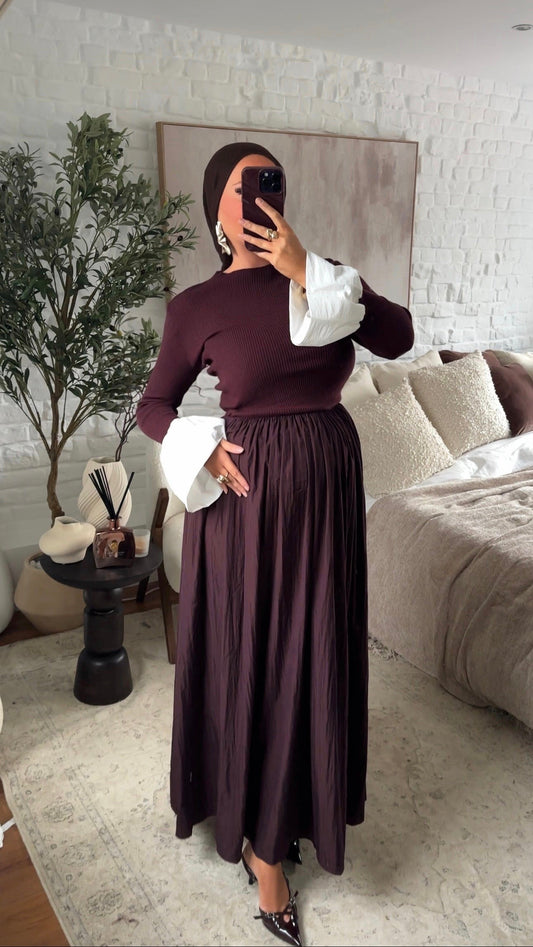 Robe ultra longue en maille fine et volant | Bordeaux
