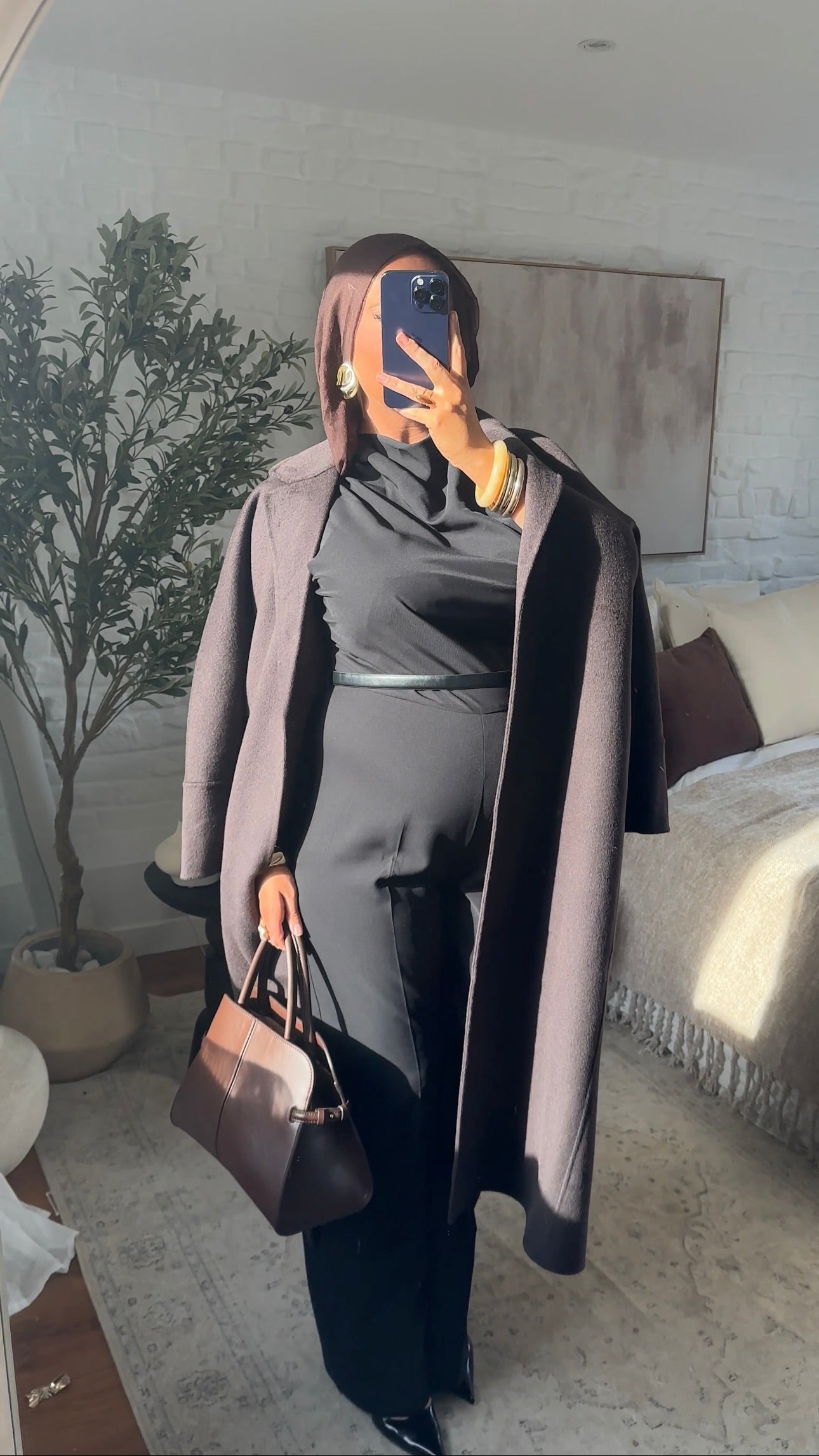 [GAMME PREMIUM] Manteau long en laine véritable fait main à ceinture | Marron dark chocolat