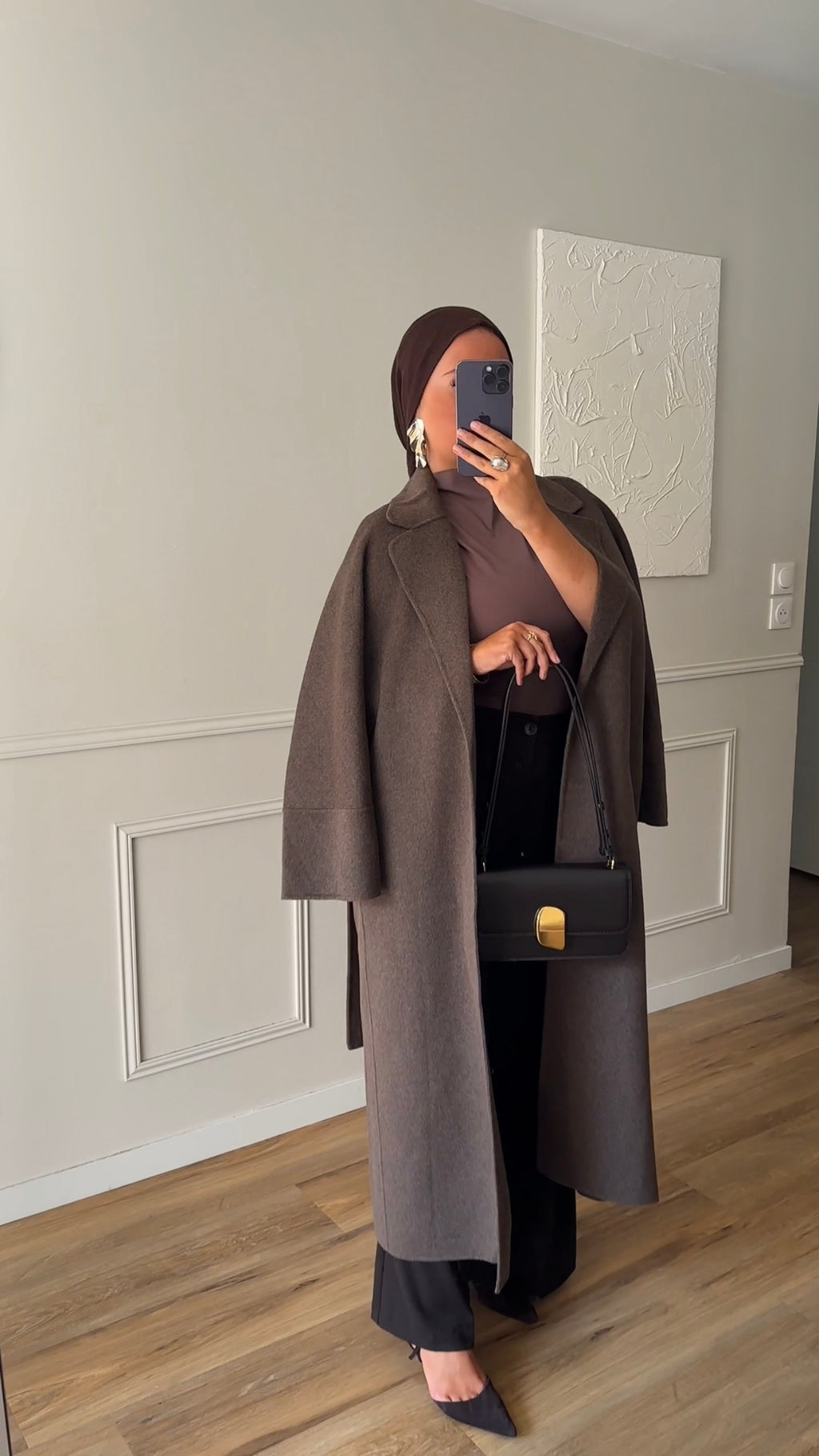 [GAMME LUXE] Manteau long en laine véritable fait main à ceinture | Marron