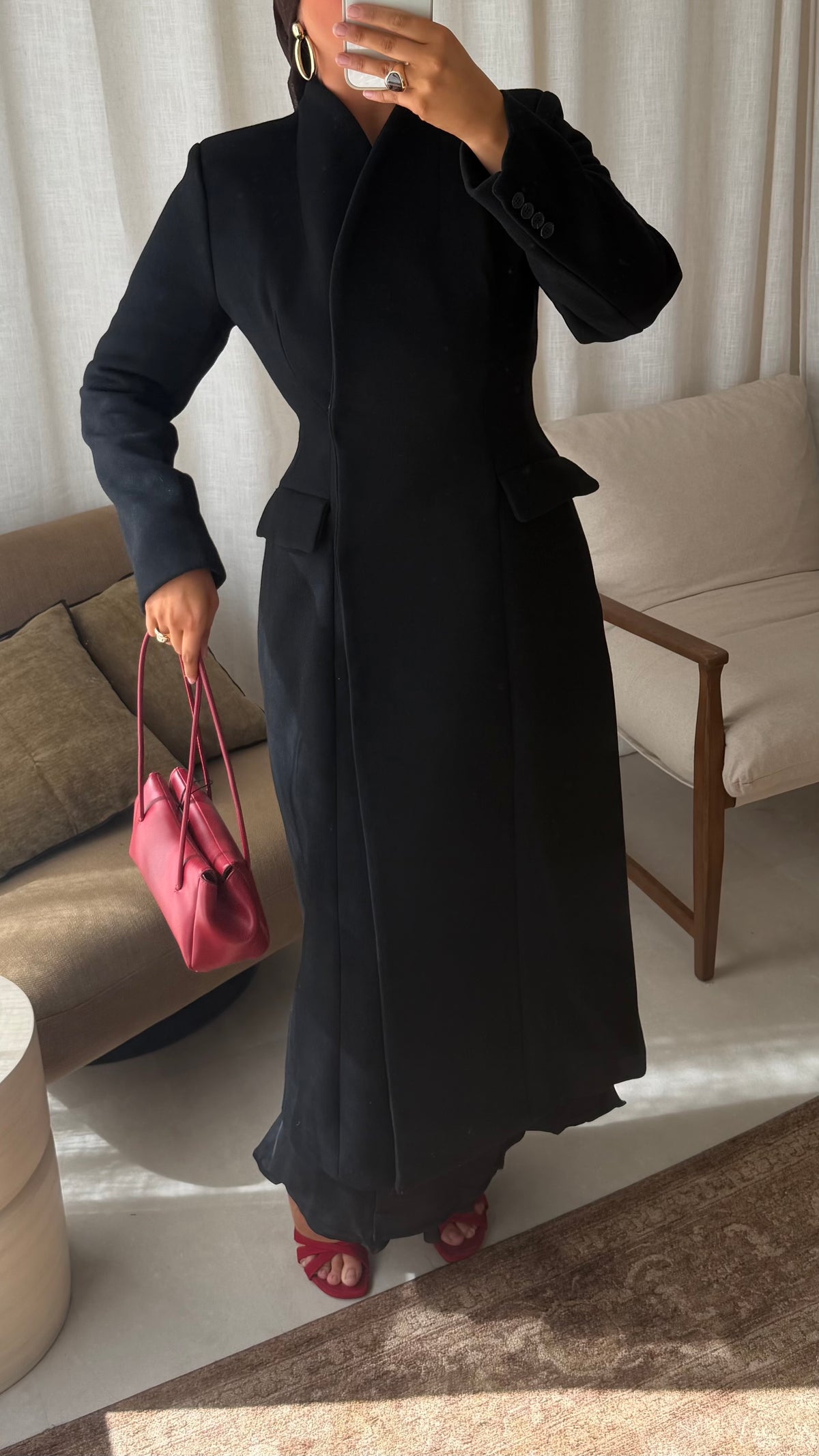 [GAMME LUXE] Manteau ultra long cintré en laine véritable | Noir
